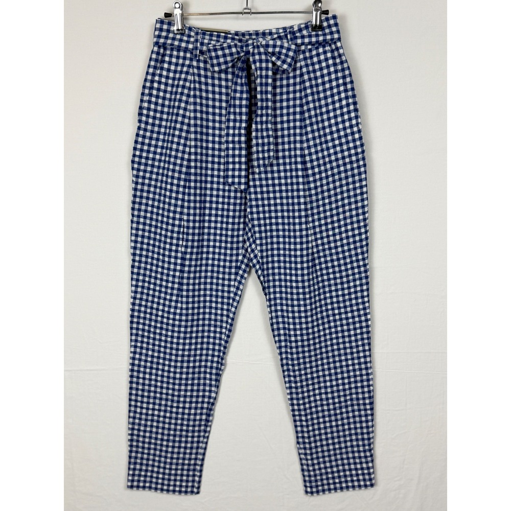 Banana Republic Women Cotton Linen Pants 0 Blue Gingham Tie Waist Tapered Leg